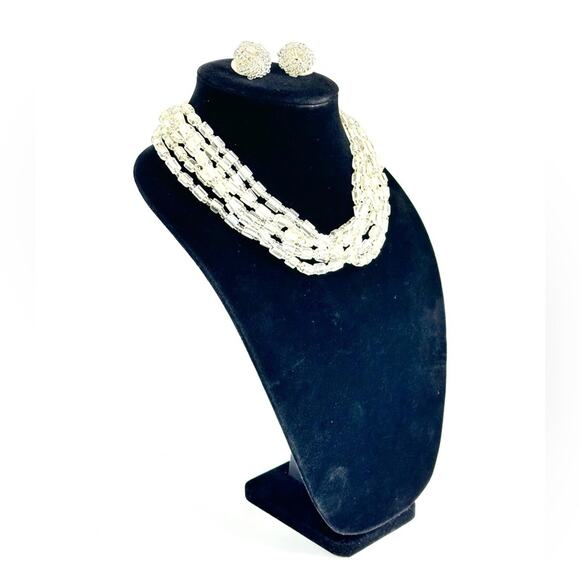 Vintage Art Deco Style Glass Bead Multi Strand Bib Necklace And Earrings Set - Picture 3 of 4